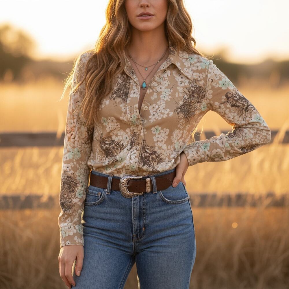 Vintage 70s Asian‑Inspired Serenade Print Blouse